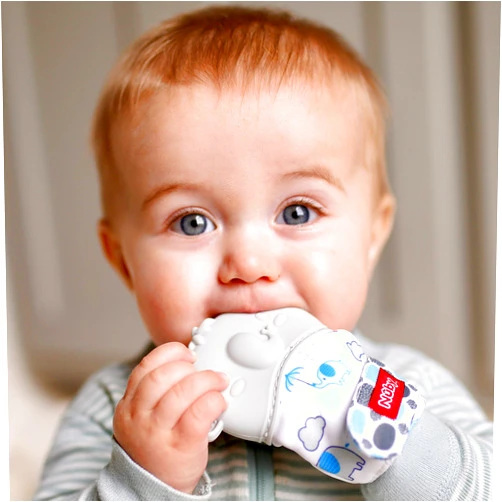 Nuby Happy Hands Silicone Teething Mitten: 3M+, Elephant, Gray (80729)