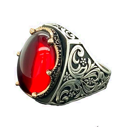 Mercan Silver Men Handmade Ruby Stone Ring, Red Stone Ring, Ottoman Style Handmade Ring, 925k Sterling Silver Ring, Gift For Him