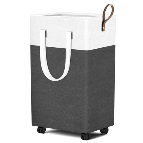HomeHacks Laundry Basket with Wheels, Rolling Laundry Hamper, Collapsible & Waterproof Clothes Hamper, Narrow Corner Clothes Bins with Extended Handles for Clothes in the Family & Dorm (75L,Grey)