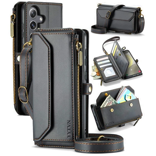 YYTVN for Samsung Galaxy S25 Wallet Case with Zipper Card Holder & Crossbody Lanyard Strap & Wrist Strap, RFID Blocking PU Leather Magnetic Flip Handbag Purse Case for Galaxy S25 -Black
