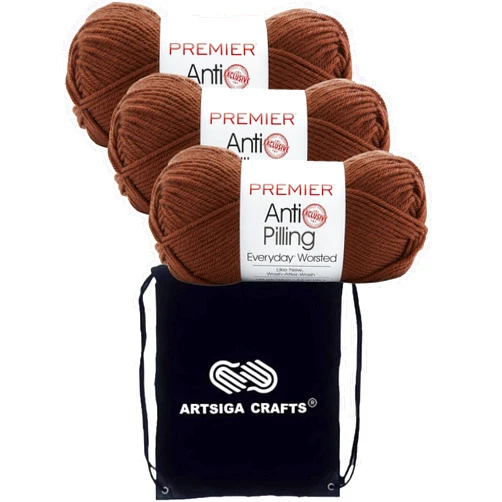 Premier Yarns Everyday Anti-Pilling Solid Walnut DN100-86 (3-Skeins - Same Dye Lot) #4 Worsted Weight Acrylic Yarn for Crocheting and Knitting with Project Bag