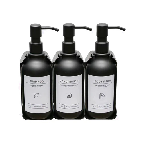 Boucsoo Shampoo and Conditioner Dispenser Set of 3 for Wall Mount, Drill Free 16oz Shower Soap Dispenser with Waterproof Labels, Refillable Shampoo and Conditioner Bottles with Stainless Steel Pump (Black)