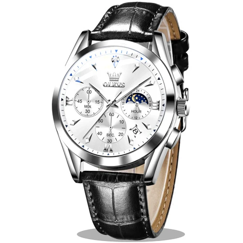 OLEVS Men's Leather Analog Quartz Watch - Luxury Chronograph Wristwatch with Date, Waterproof, Luminous - Dress Style