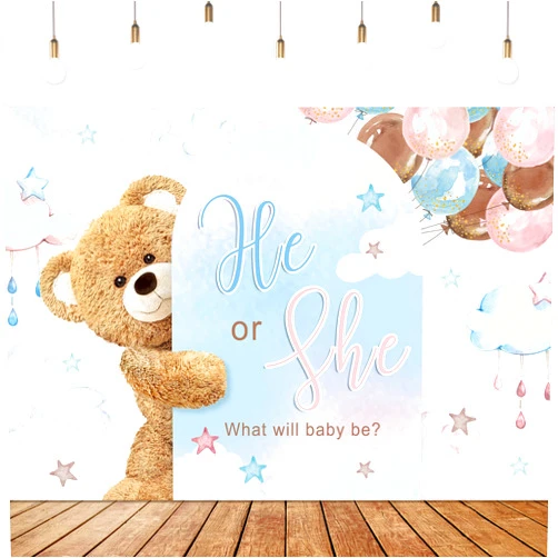 Glawry Bear Gender Reveal Backdrop 7Wx5H Feet He or She Pink or Blue Boho Floral What Will Baby Be Cloud Stars Cute Lovely Arch Newborn Party Decorations Photoshoot Background Booth Studio