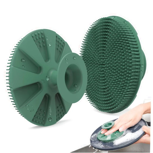 BEAUTAIL Silicone Sponge, BEAUTAIL Non-Scratch Scrub Sponges for Washing Dishes, Kitchen Fruit Vegetable Cleaning Brush, Long Lasting and Reusable Dishwashing Scrubber, Suction Up for Hang, 1 Pack, Olive Green