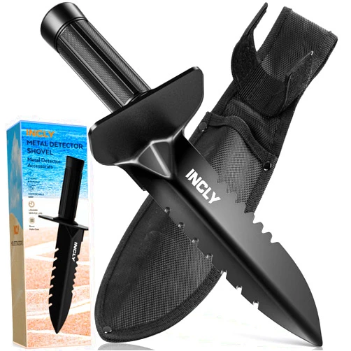 INCLY Metal Detector Shovel, Heavy Duty Double Serrated Edge Digger, Detecting Digging Tool with Sheath for Belt Mount, Gardening & Detecting Accessories for Metal Detection Digging Weeding Planting