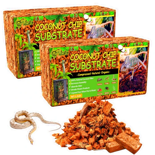 Riare 2 Pack Natural Coconut Chip Substrate for Reptiles- Compressed Coconut Husk Reptiles Bedding, Coco Husk Chip Terrarium Substrate for Snakes, Tortoises, Ball Python, Frogs, Bearded Dragon, Lizard