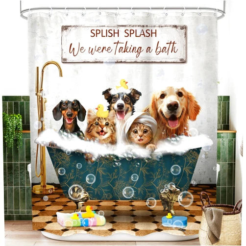 LGhtyro Funny Dogs Cats Shower Curtain Bathroom Set 60Wx71H Inches Wash Your Paws Doggy Cute Lovely Rustic Animals for Kids Boys Bath Accessories Girls Farmhouse Art Home Decor Fabric 12 Pack Hooks