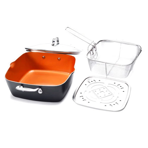 GOTHAM STEEL - 6 Quart XL Nonstick Copper Deep Square All in One 6 Qt Casserole Chef’s Pan & Stock Pot- 4 Piece Set, Includes Frying Basket and Steamer Tray, Dishwasher Safe,Brown