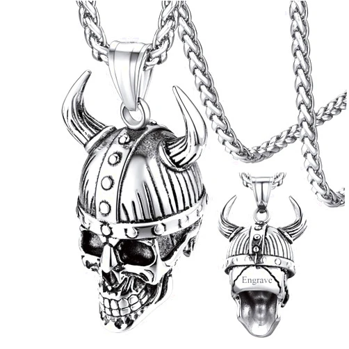 FaithHeart Personalized Custom Viking Awe Helmet Necklace for Men Stainless Steel Nordic Odin Helmet Skull Pendant with Sturdy Wheat Chain Vikings Stuff Jewelry