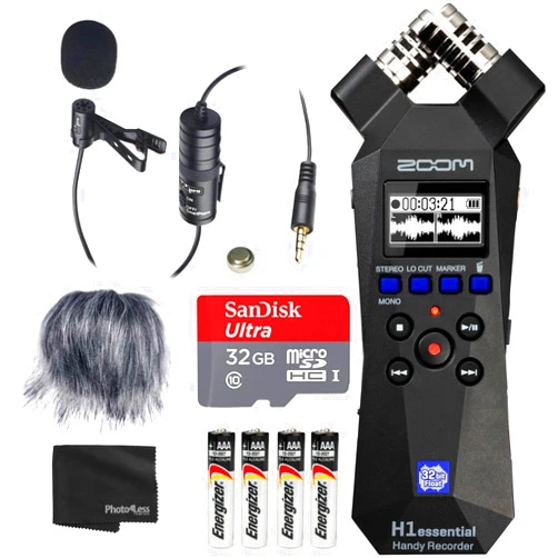 Zoom H1essential Handy Recorder Bundle with Professional Lavalier Condenser Microphone, 32GB microSDHC Card, Furry Microphone Windscreen, 4 AAA Alkaline Batteries, and More!