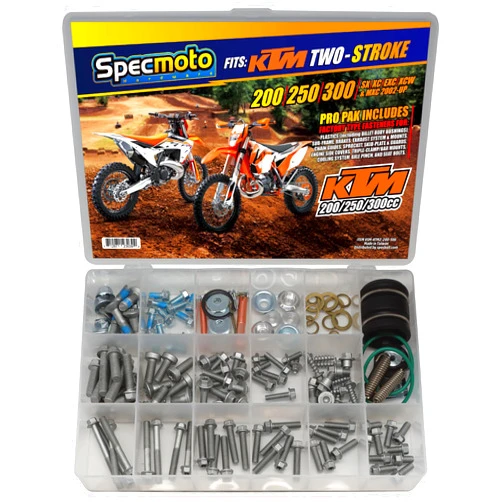 Specmoto Hardware Specmoto KTM Two-Stroke Specific Bolt Kit. Fits: KTM 200 250 300 SX XC EXC XCW & MXC Two Stroke Model Series Dirt Bike Motorcycle. Years 2002 to Current.