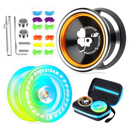 MAGICYOYO Pack of 2 Yoyos, Responsive Yoyo K1 Blue Yellow for Kids Beginner, Professional Unresponsive Yoyo M001 for Adults Advancer, with 12 Yoyo Strings+2 KK Bearings+ Removal Tool+Yoyo Sorage Bag