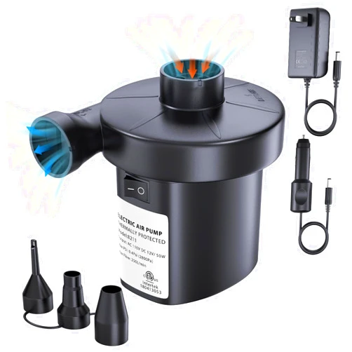 PULIDIKI Air Pump Electric Air Pump for Inflatables Air Mattress Pump with 3 Nozzles Inflator/Deflator Portable Quick Air Pump for Camping Air Mattress Bed, Air Sofa, Pool Toys AC/DC (50W)