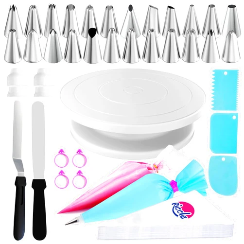 Riccle 88 pcs Cake Decorating Kit with Cake Turntable - Includes 50 Disposable + 2 Reusable Piping Bags and Tips Set, 24 Icing Piping Tips, 2 Spatulas, 3 Icing Comb Scraper, Baking Supplies