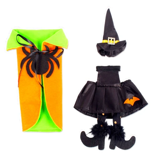 DII E-Living Halloween Wine Bottle Covers, Orange & Green Spider Cape w/Black Witch Outfit
