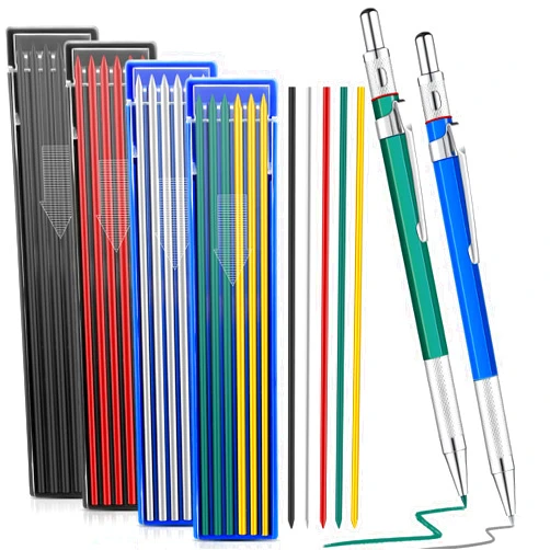 Gersoniel 2 Pcs Welders Pencil with 48 PCS Round Refills Mechanical Pencils Metal Welding Marker for Tube Pipe Fitter Welder Steel Construction Woodworking (Silver, Black, Red, Yellow, Green)
