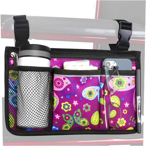 HSGEZUOQI Wheelchair Side Bag, Upgrade Flower Color Armrest Storage Pouch with Cup Holder and Reflective Strip Use of Waterproof Fabric, for Most Wheelchairs, Walkers or Rollators (Purple Butterfly)