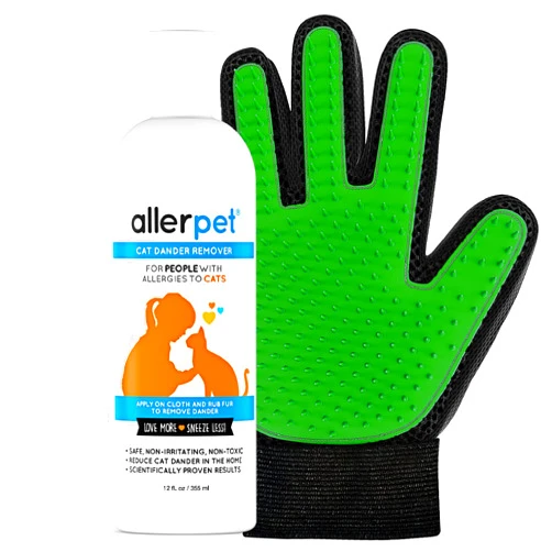Allerpet Cat Dander Remover w/Free Grooming Glove - Effective Cat Allergy Relief, Anti Allergen Solution Made in USA - (12oz)