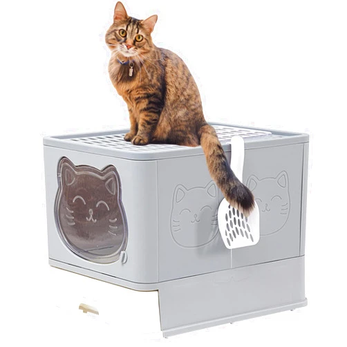 TownTime Top Entry Litter Box with Lid,Anti-Splashing Foldable Cat Litter Box with Activated Carbon Keeping The Air Fresh,Drawer Type Kitty Litter Box Easy and Quick to Clean,Large Litter Box (Grey)