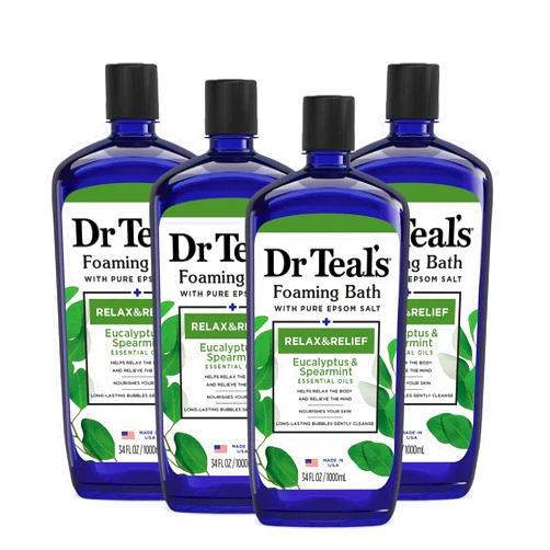 Dr Teal's Foaming Bath with Pure Epsom Salt, Relax & Relief with Eucalyptus & Spearmint, 34 fl oz (Pack of 4) (Packaging May Vary)