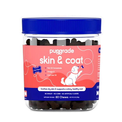 PupGrade Skin & Coat Chews - Omega-3 Coat + Shed Care + Allergy Defense - Soft, Chewable Supplement with Natural Fish Oils for Dogs - No Wheat, Corn, or Grains - Meat Flavored - 60 Soft Chews