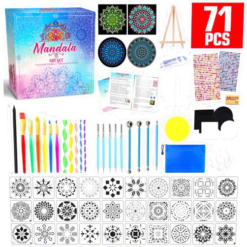 Catcrafter 71PCS Mandala Dotting Tools Painting Kit - Rock Dot Paint Stencils Tool Set Art Craft Supplies Kits Tray Brush Zipper Pen for Nail Stone Mandala Arts Drawing Home Decor Activity