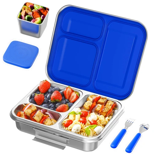 AOHEA Large Stainless Steel Lunch Box - 3 Compartments & Extra Container, Holds a Variety of Foods, Metal Bento Box Adult, Dishwasher Safe, for School and Office(Blue)