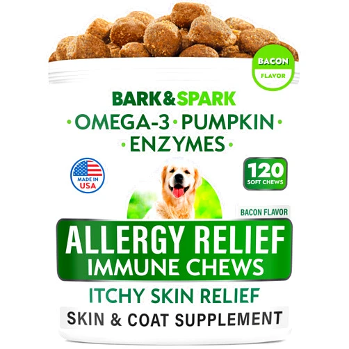 BARK&SPARK Dog Allergy Relief Chews - Anti-Itch Skin & Coat Supplement - Omega 3 Fish Oil - Itchy Skin Relief Treatment Pills - Itching & Paw Licking - Dry Skin&Hot Spots - (120 Immune Treats - Bacon)