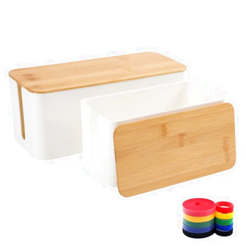 OSPNIEEK Cable Management Box Organizer, Set of 2 Bamboo Lid Large Storage Wire Holder to Conceal Hide Surge Protector, Power Strips Cord on Desk Floor, with 5 Cables Tape for Home Office Computer TV USB Hub