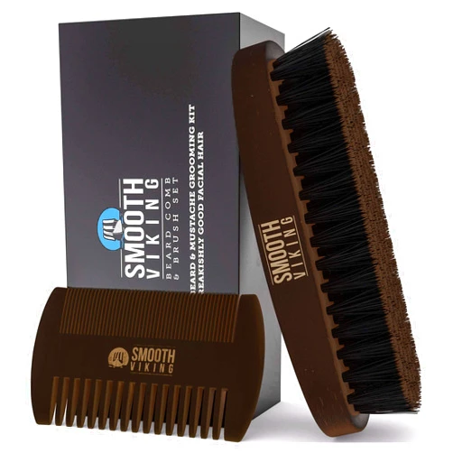 Smooth Viking Beard Care Smooth Viking Beard Brush & Comb Gift Set for Men - Natural Boar Bristle Hair Brush & Wooden Comb, Boar Brush for Facial Hair Styling, Grooming & Beard Shaping Tool, Men Hair Products - Brown