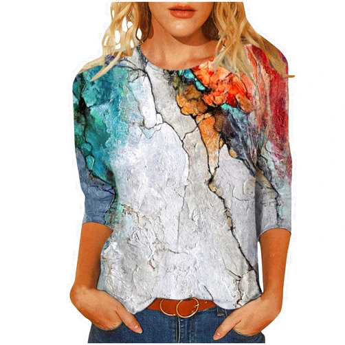 Ceboyel 3/4 Sleeve Tops for Women Summer Marble Print Tees Shirt Dressy Causal Tunic Blouses Trendy 2023 Ladies Clothes