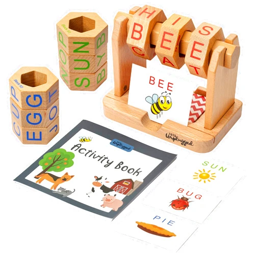 TOTS UNPLUGGED Real Wood Spin and Read Montessori Phonetic Reading Blocks Combines Spelling Blocks with Phonics flashcards for a Frustration Free Spelling for Kids and Beginner CVC Reading