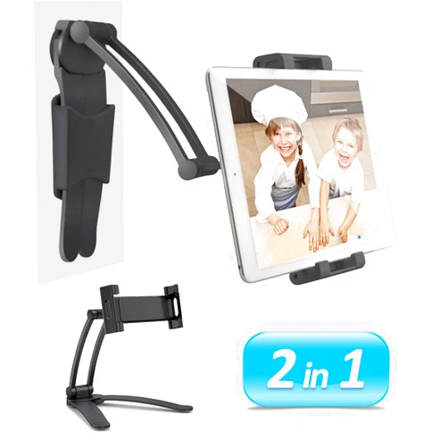 AYADA Kitchen Cabinet Tablet Holder, 2 in 1 Wall Mount Desktop Stand for ipad 12.9 Aluminum Alloy Metal Adjustable Multiangle Foldable Universal Phone Tablet Bracket Cooking Table Counter Top (Black)