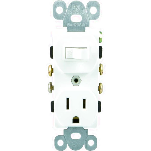 GE Wall Switch & Outlet Combo, Two-in-One Receptacle, 1 On/Off Toggle Power Switch, 1 Grounded AC Outlet Wall Plug, Single Pole, 3 Prong, 15 Amp, UL Listed, White, 59797