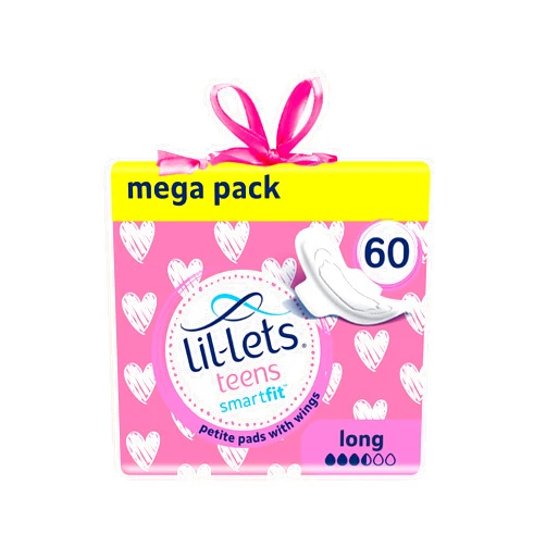 Lil-Lets Teens Long Pads with Wings - 60 Count Period Pads for Teens - Thin, Super Absorbent Sanitary Napkins, Soft & Breathable, Fragrance-Free - First Periods, Medium to Heavy Days