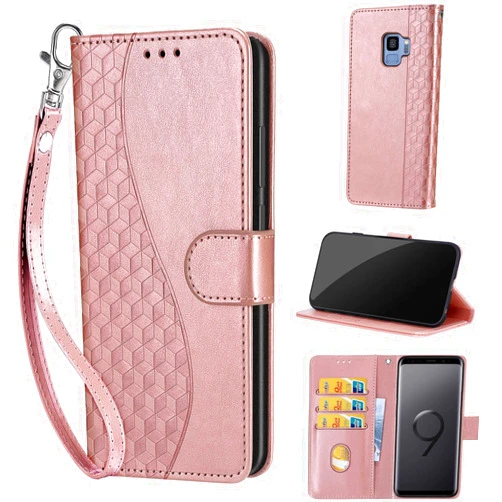 KENHONER Designed for Samsung Galaxy S9 Case Wallet,Women Flip Folio Cover with Embossed PU Leather Stand Credit Card Holders Slots Wrist Strap Phone Case for Samsung S9 5.8 Inch (Rose Gold)