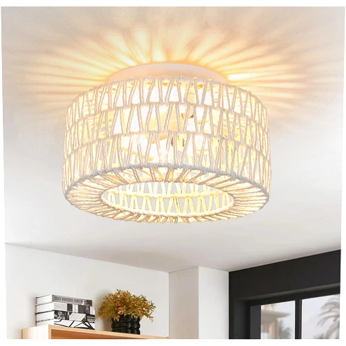 Rviezza Rattan Ceiling Light Fixtures, Hand-Woven Boho Flush Mount Ceiling Light, Rattan Light Fixtures Ceiling Mount, Rustic Rattan Chandelier for Hallway Kitchen Bedroom Entryway (White)