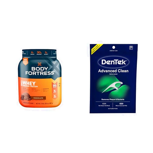 Body Fortress 100% Whey Protein Powder, Chocolate, 1.78lbs & DenTek Triple Clean Advanced Clean Floss Picks, 150 Count