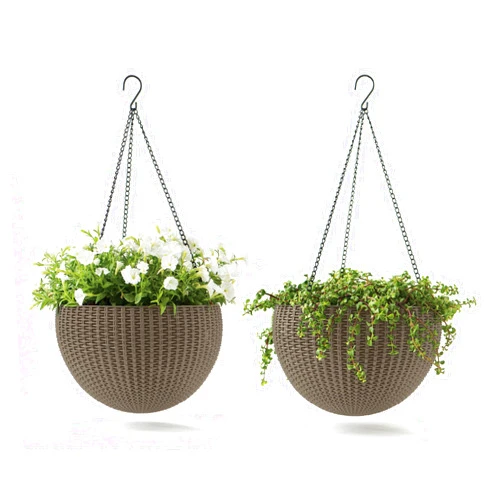 Keter Resin Rattan Set of 2 Round Hanging Planter Baskets for Indoor and Outdoor Plants-Perfect for Porches and Patio Decor, Taupe