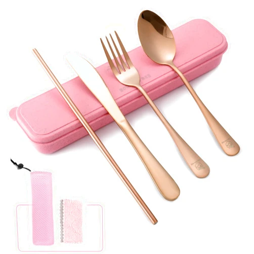Boulder Bee Travel Utensils | Reusable Camping Cutlery | Stainless Steel Flatware | Portable Silverware Set with Case | Includes Knife/Fork/Spoon/Straw/Cleaning Cloth (Rose Gold)