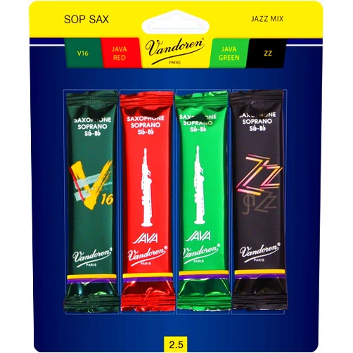 Vandoren SRMIXS25 Soprano Sax Jazz Reed Mix Card includes 1 each ZZ, V16, JAVA Green and JAVA Red Strength 2.5