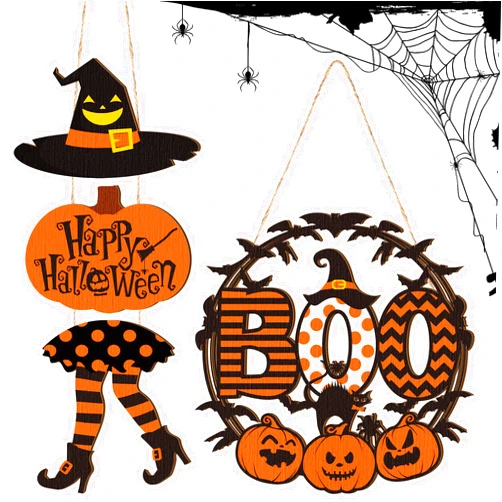 Thyle 2 Pieces Happy Halloween Door Signs Witch Leg Hat Halloween Door Hanger Boo Pumpkin Wooden Halloween Wall Decor Halloween Hanging Signs Plaque for Indoor Outdoor Halloween Party Decoration