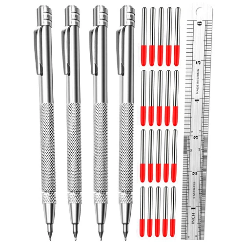 PSMYP Tungsten Carbide Scriber, Knurled Aluminum Handle, 4-Pack with Bonus Marking Tips and Steel Ruler, Ideal for Detailed Crafting and Carving