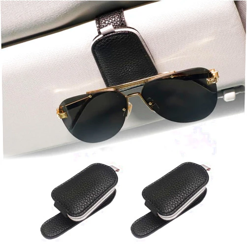 KITUREK Sunglass Holder for Car Sun Visor, PU Leather Magnetic Buckle Glasses Eyeglass Hanger Clip, Ticket Card Storage Sunglass Clip, Car Visor Accessories for Men and Women (Black+Gray, 2PCS)