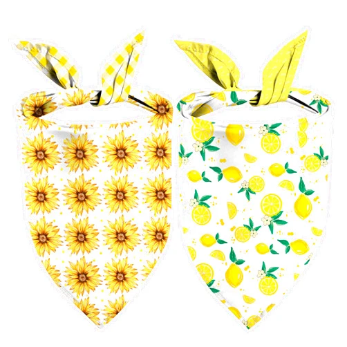 GHSJYO Summer Dog Bandanas, Reversible Dual-Layer Sunflowers and Lemon Design 2 Pack, Yellow Plaid Square Dog Kerchief, Adjustable Triangle Holiday Scarves for Dogs Gifts