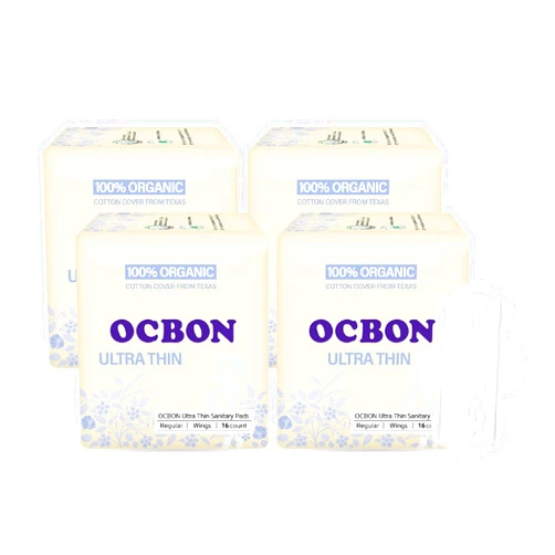 OCBON Unscented Ultra Thin Sanitary Pads (64 Count, Regular) – Organic Cotton Feminine Pads with Wings for Women, Super Absorbent & Soft, Period Protection, Hypoallergenic