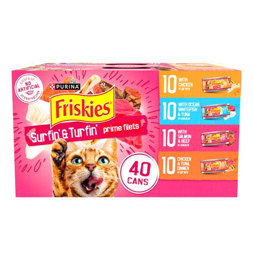 Purina Friskies Gravy Wet Cat Food Variety Pack, Surfin’ and Turfin’ Prime Filets Favorites - (Pack of 40) 5.5 oz. Cans