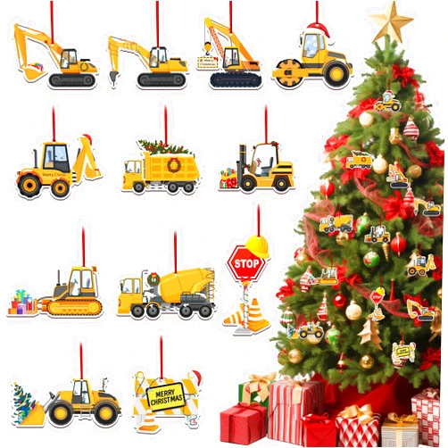 Sophena 24 Pcs Christmas Construction Truck Ornaments Decoration Wooden Vintage Excavator Christmas Tree Hanging Crafts for Farmhouse Home Party Decor Holiday Xmas Party Supplies Merry Christmas Winter