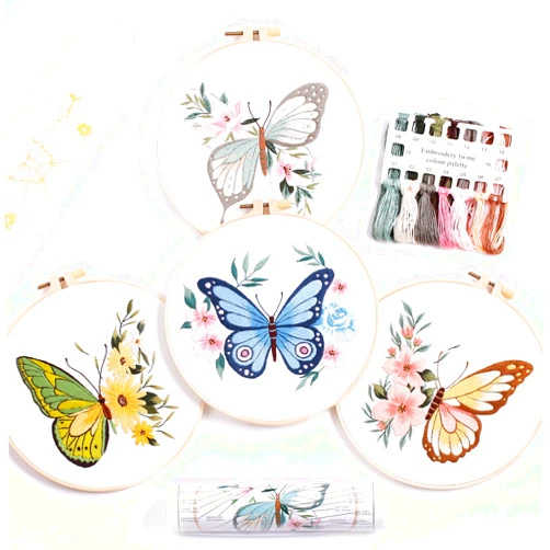 REEWISLY 4 pcs of Embroidery Starter kit with Patterns and Instructions, DIY Adult Beginner Cross Stitch Kits, Including 2 Plastic Embroidery Hoop, 1 Pair of Scissors, Colored Threads and Needles